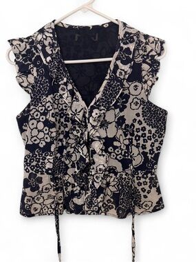 Floral Ruffle Tie-Front Camisole - Navy & Cream